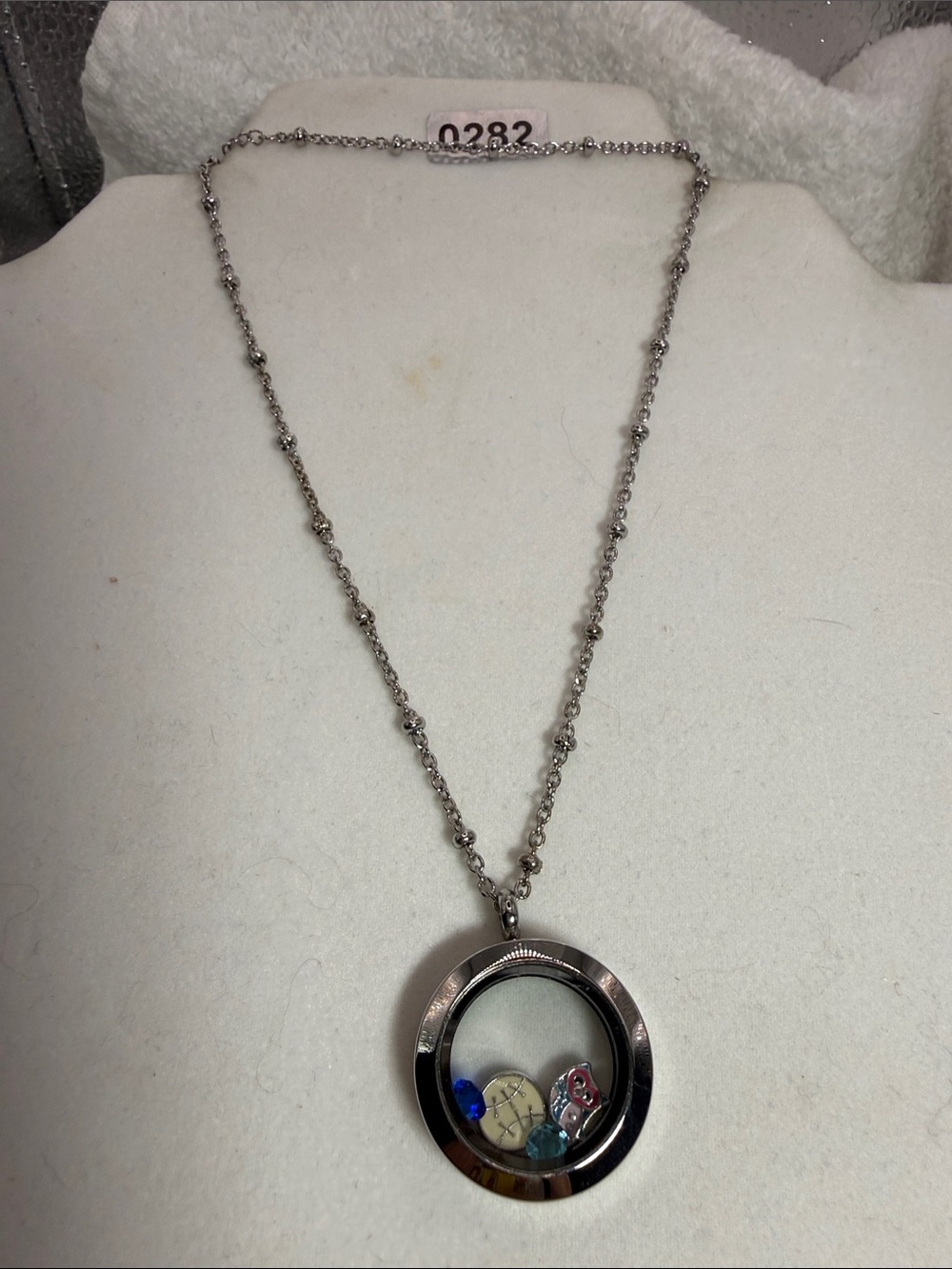 Silver-toned Floating Locket Necklace w/Blue and Pink Accent Charms